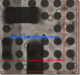 BGA錫球尺寸小于0.4mm，采用降低BGA內圍襲球的錫膏量所得到X-Ray，稍微留意一下可以發現最外圈的錫量(圓的直徑)比其他內圍的錫球上的錫量來得多一點點。也就是外圈的黑色圓形直徑比內圈的圓形來得大一點點。