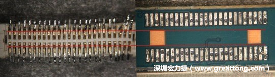 把板對板連接器與其電路板的佈線焊墊作一個比較，端子的切斷面有毛邊的地方剛好對到了裸銅區。