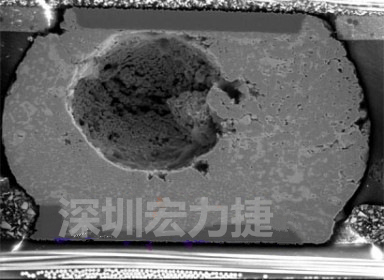 錫球氣泡大到足以影響到焊接的品質，下圖是錫球切片后的剖面，可以很明顯看到氣泡已經有錫球的 1/3 大了