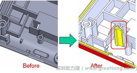 既然知道可能的問題出在電路板變形量過大，于是在電路板上黏貼應力計(Stress Gauge)然后先量測未改善前的應力數據。改善方法是在BGA的附近新增機溝肋柱(rib)來頂住電路板以降低電路板在落下時的變形量。