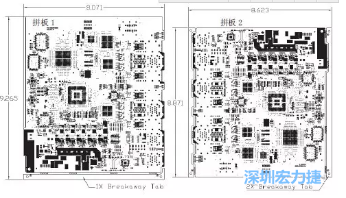 如圖7所示是使用不同數量邊條的拼板，拼板1僅使用了一個邊條，直接利用PCB另一邊作為SMT工藝傳送邊，并且PCB圖形中有合適的安裝孔；而拼板2則是按常規設計了兩個邊條。拼板方式為連接筋。圖中“Breakaway Tab”指邊條-深圳宏力捷