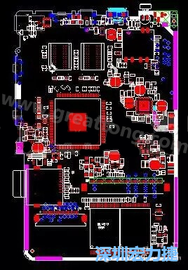 上圖是一個開發板的PCB，從布局中可以看出各個接口電路分離很明確，SDRAM和DDR以及SD卡接口電路等走線不會造成相互的干擾。-深圳宏力捷