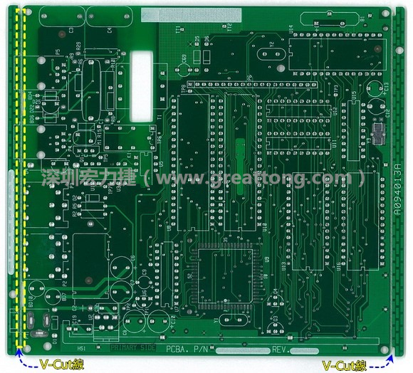 所謂【V-cut】是印刷電路板(PCB)廠商依據客戶的圖紙要求，事先在PCB的特定位置用轉盤刀具切割好的一條條分割線，其目的是為了方便后續SMT電路板組裝完成后的「分板(De-panel)」之用，因為其切割后的外型看起來就像個英文的【V】字型，因此得名。