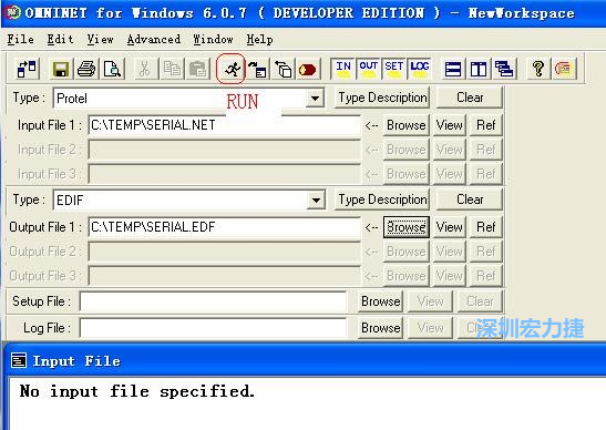 輸出文件類型(Type)選 EDIF。Output File 1 指定輸出文件的文件名和路徑。然后點擊 Run(跑動的小人)。
