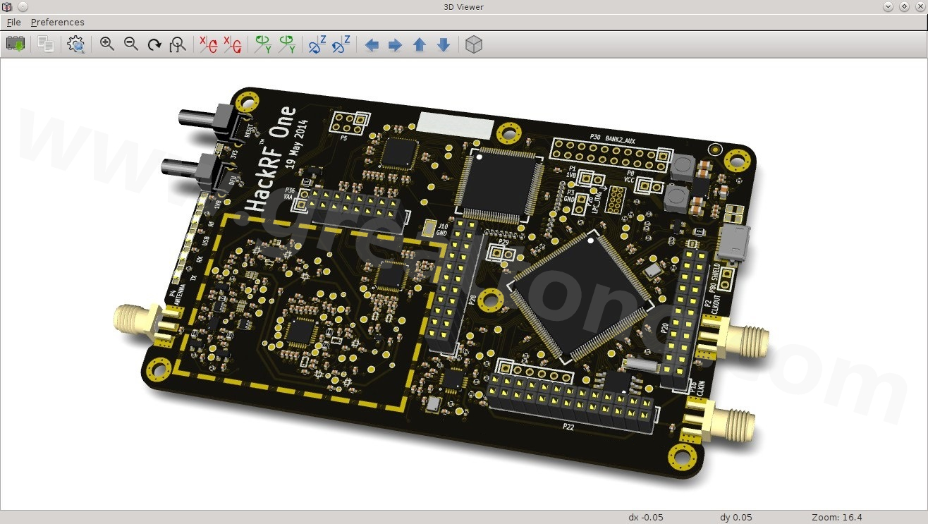 經KiCad軟體3D功能渲染過的HackRF One電路板。