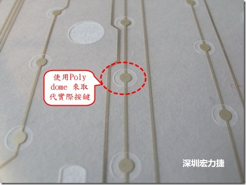 仔細看下面的第一張圖片，在圓形的節點旁邊有個圓形的開口，這個開口墊高了鍵盤按鍵的接觸點線路。