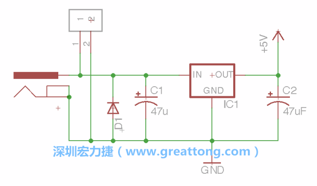 2.5.    新增一個二極體，它會以水平的狀態出現在屏幕上，請使用「旋轉（Rotate）」工具把它負極那一面朝上，并且用「網絡連接」工具將它連接在電壓調整器的輸入端和接地端之間。