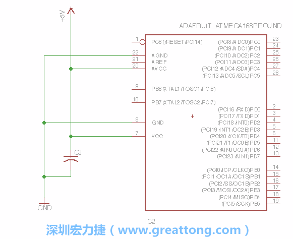 3.1.    新增微控制器晶片（RBBB → ATmega），把它放在電路原理圖的中央附近，把它的兩個接地接頭連接到接地訊號端。