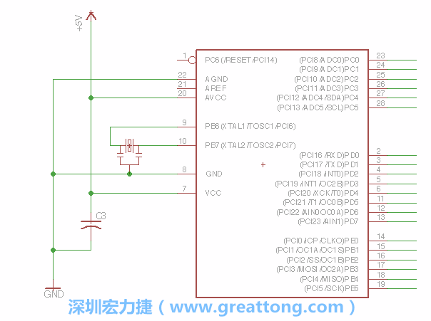3.2.    在靠近ATmega的電源供應針腳7的位置放置一個0.1μF的電容，將它分別連接電源、接地端和針腳7。