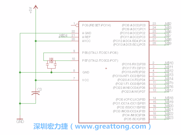 3.3.    將共鳴器（resonator）放置在針腳9和針腳10附近，將它的三個針腳連接如圖所示，并確認最中間的針腳有連到接地端。