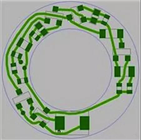 圖6：PCB布線例子：(a)拓撲式自動布線器(完成了100%導線的布線)；